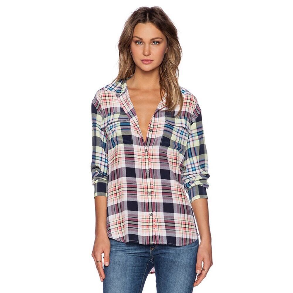Equipment Contrast Signature Handbook Plaid Silk Blouse
